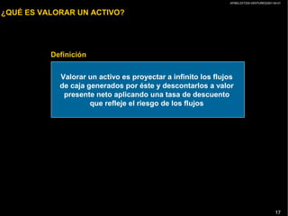 AP/BG-ZXT333-VENTURES2001-04-01
17
¿QUÉ ES VALORAR UN ACTIVO?
Definición
Valorar un activo es proyectar a infinito los flujos
de caja generados por éste y descontarlos a valor
presente neto aplicando una tasa de descuento
que refleje el riesgo de los flujos
 