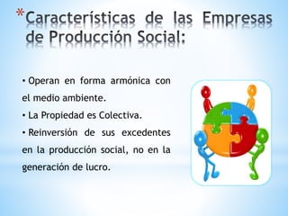 *
• Operan en forma armónica con
el medio ambiente.
• La Propiedad es Colectiva.
• Reinversión de sus excedentes
en la producción social, no en la
generación de lucro.
 