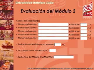 Evaluación del Módulo 2
Control de Conocimientos
• Nombre del Alumno                             Calificación   /10
• Nombre del Alumno                             Calificación   /10
• Nombre del Alumno                             Calificación   /10
• Nombre del Alumno                             Calificación   /10
• Nombre del Alumno                             Calificación   /10

• Evaluación del Módulo por los alumnos   /10

• Se cumplió con la Temática SI/NO

• Fecha Final del Módulo (Día/Mes/Año)
 