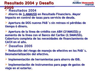 Resultado 2004 y Desafio
2005
 Resultados 2004
 Ahorro de 3.4MMUSD en Resultado Financiero. Mayor
impacto en control de tasas para servicio de deuda.
 Apertura de DOS nuevos PAB´s sin retraso ni pérdidas de
tiempo ó dinero.
 Apertura de la línea de crédito con ABN (21MMUSD) y
aumento de la línea con el Banco del Caribe (2.5MMUSD).
Cobertura completa de las necesidades de financiamiento de
CACN en el año.
 Desafios 2005
 Reducción del riesgo de manejo de efectivo en los PAB´s.
Desmaterialización del efectivo.
 Implementación de herramientas para ahorro de IDB.
 Implementación de instrumentos para pago de gastos de
viaje en el exterior.
 