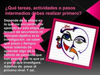 Depende de la etapa en
la que me encuentre, por
ejemplo en esta etapa de
tercero de secundaria mi
principal objetivo es la
investigación, asi saber
que pasos y tiempos
tomar además de
aprender algo de la
historia de personas que
han pasado por lo que yo
o por lo que investigare.
Además de pasar al
próximo nivel. Y asi..
 