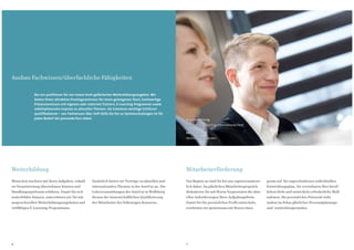 Ausbau Fachwissen/überfachliche Fähigkeiten

              Bei uns profitieren Sie von einem breit gefächerten Weiterbildungsangebot. Wir
              bieten Ihnen attraktive Einstiegsseminare für einen gelungenen Start, hochwertige
              Präsenzseminare mit eigenen oder externen Trainern, E-Learning-Programme sowie
              arbeitsplatznahe Impulse zu aktuellen Themen. Sie trainieren wichtige Schlüssel-
              qualifikationen – von Fachwissen über Soft Skills bis hin zu Systemschulungen ist für
              jeden Bedarf der passende Kurs dabei.                                                   Brigitte Hartung
                                                                                                      Vertrieb & Marketing International Fleet

                                                                                                      Felix Teufert
                                                                                                      Vertrieb Großkunden




Weiterbildung                                                                                         Mitarbeiterförderung
Menschen wachsen mit ihren Aufgaben, sobald         Zusätzlich bieten wir Vorträge zu aktuellen und   Von Beginn an sind Sie bei uns eigenverantwort-    genau auf Sie zugeschnittenen individuellen
sie Verantwortung übernehmen können und             internationalen Themen in der AutoUni an. Die     lich dabei. Im jährlichen Mitarbeitergespräch      Entwicklungsplan. Sie vereinbaren Ihre beruf-
Handlungsspielraum erfahren. Damit Sie sich         Lehrveranstaltungen der AutoUni in Wolfsburg      diskutieren Sie mit Ihrem Vorgesetzten die aktu-   lichen Ziele und entwickeln erforderliche Maß-
weiterbilden können, unterstützen wir Sie mit       dienen der wissenschaftlichen Qualifizierung      ellen Anforderungen Ihres Aufgabengebiets.         nahmen. Ihr persönliches Potenzial steht
anspruchsvollen Weiterbildungsangeboten und         der Mitarbeiter des Volkswagen Konzerns.          Damit Sie Ihr persönliches Profil entwickeln,      zudem im Fokus jährlicher Personalplanungs-
vielfältigen E-Learning-Programmen.                                                                   erarbeiten wir gemeinsam mit Ihnen einen           und -entwicklungsrunden.




6                                                                                                     7
 