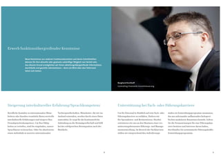 Erwerb funktionsübergreifender Kenntnisse

                  Neue Kenntnisse aus anderen Funktionsbereichen und deren Schnittstellen
                  können für Ihre aktuelle oder geplante zukünftige Tätigkeit von Vorteil sein.
                  Aus diesem Grund ermöglichen wir Ihnen abteilungsübergreifende Informations-
                  durchläufe und gezielte Jobrotationen – denn ein Blick über den Tellerrand
                  lohnt sich immer.




                                                                                                         Burghard Kirchhoff
                                                                                                         Controlling Finanzielle Gesamtsteuerung




Steigerung interkultureller Erfahrung/Sprachkompetenz                                                    Unterstützung bei Fach- oder Führungskarriere
Berufliche Kontakte zu internationalen Mitar-      Tochtergesellschaften. Mitarbeiter, die wir ins       Um Ihr Potenzial in Hinblick auf eine Fach- oder   stufen ein Entwicklungsprogramm zusammen,
beitern oder Kunden vermitteln Ihnen wertvolle     Ausland entsenden, werden durch einen Paten           Führungskarriere zu entfalten, fördern wir         das aus aufeinander aufbauenden fachspezi-
interkulturelle Erfahrungen und steigern Ihre      unterstützt. Er sorgt für die kontinuierliche         Ihr Spezialisten- und Breitenwissen. Hierbei       fischen modularen Bausteinen besteht. Sofern
Fremdsprachenkompetenz. Um Ihre Fähig-             Anbindung an die Heimatgesellschaft und hilft         orientieren wir uns an den Maximen einer ver-      Sie die Voraussetzungen für eine Führungskar-
keiten zu vertiefen, sind Sie eingeladen, unsere   bei der erfolgreichen Reintegration nach der          antwortungsbewussten Führungs- und Manage-         riere besitzen und Interesse daran haben,
Sprachkurse zu besuchen. Oder Sie absolvieren      Rückkehr.                                             mententwicklung. Im Bereich der Fachkarriere       durchlaufen Sie systematische Führungskräfte-
einen Aufenthalt in unseren internationalen                                                              stellen wir entsprechend den Anforderungs-         Entwicklungsprogramme.




                                                                                                     8                                                                                                   9
 