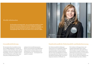 Flexible Arbeitszeiten

                  Ob Frühaufsteher oder Morgenmuffel – bei uns erscheint jeder pünktlich zur Arbeit.
                  Denn hier können Sie Ihre Arbeitszeit unter Berücksichtigung der betrieblichen
                  Belange Ihren individuellen Bedürfnissen anpassen. Und damit das Berufsleben mit
                  Ihrer privaten Situation übereinstimmt, können Sie zwischen unterschiedlichen
                  Teilzeitregelungen wählen. Sie sehen: Auch zeitlich ist bei uns (fast) alles möglich.




                                                                                                          Yvonne Hofmann
                                                                                                          Leiterin Betrieb- und Kraftstoff in Teilzeit




Gesundheitsförderung                                                                                      Familienfreundliche Teilzeitmodelle und Kinderbetreuung
Wir unterstützen Ihre Gesundheitsvorsorge            umfangreichen Gesundheitsprogramme.                  Die Arbeitszeitmodelle der Volkswagen            0 bis 6 Jahren in 10 Gruppen betreut, und
durch vielfältige Maßnahmen. Vorträge und            Falls Sie unsere Beratung in gesundheitlichen        Financial Services AG sind flexibel, damit Sie   zusätzliche Wege bleiben Ihnen erspart.
Seminare vertiefen Ihr Wissen. Sport- und Frei-      Fragen wünschen, bieten wir Ihnen Gesund-            die Anforderungen von Beruf und Familie          Außerdem gibt es für Sie während der Eltern-
zeitangebote steigern Ihre körperliche Fitness.      heitsgespräche z. B. mit Betriebsärzten und          optimal miteinander vereinbaren können.          zeit ein attraktives Angebot: Im Rahmen eines
Regelmäßige, kostenlose Gesundheits-Check-           Personalreferenten an – stets kompetent und          Wir bieten Ihnen die Möglichkeit der Kinder-     zeitlich begrenzten Einsatzes im Unternehmen
ups für alle Mitarbeiter auf freiwilliger Basis      natürlich vertraulich.                               betreuung während der Arbeitszeit in unserer     können Sie neue Tätigkeitsfelder kennen-
sind weitere wichtige Bausteine unserer                                                                   betrieblichen Kindertagesstätte „Frech Daxe“.    lernen. Oder Sie nutzen diese Möglichkeit, um
                                                                                                          Insgesamt werden bis zu 180 Kinder von           in Ihrem Fachgebiet up to date zu bleiben.




10                                                                                                                                                                                                         11
 