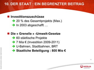 10. DER STAAT : EIN BEGRENZTER BEITRAG Investitionszuschüsse 20 % des Gesamtprojekts (Max.) In 2003 abgeschafft … Die « Grenelle » -Umwelt-Gesetze 60 städtische Projekte 7 Mia € (Investition 2009-2011) U-Bahnen, Stadtbahnen, BRT Staatliche Beteiligung : 800 Mio € 