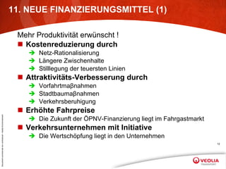 11. NEUE FINANZIERUNGSMITTEL (1) Mehr Produktivität erwünscht ! Kostenreduzierung durch Netz-Rationalisierung Längere Zwischenhalte Stilllegung der teuersten Linien Attraktivitäts-Verbesserung durch Vorfahrtma β nahmen Stadtbauma β nahmen Verkehrsberuhigung Erhöhte Fahrpreise Die Zukunft der ÖPNV-Finanzierung liegt im Fahrgastmarkt Verkehrsunternehmen mit Initiative Die Wertschöpfung liegt in den Unternehmen 