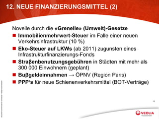 12. NEUE FINANZIERUNGSMITTEL (2) Novelle durch die  «Grenelle» (Umwelt)-Gesetze Immobilienmehrwert-Steuer  im Falle einer neuen Verkehrsinfrastruktur (10 %) Eko-Steuer auf LKWs  (ab 2011) zugunsten eines Infrastrukturfinanzierungs-Fonds Stra β enbenutzungsgebühren  in Städten mit mehr als 300 000 Einwohnern (geplant) Bu β geldeinnahmen   -> ÖPNV (Region Paris) PPP‘s  für neue Schienenverkehrsmittel (BOT-Verträge) 