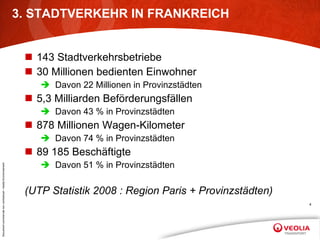 3. STADTVERKEHR IN FRANKREICH 143 Stadtverkehrsbetriebe 30 Millionen bedienten Einwohner Davon 22 Millionen in Provinzstädten 5,3 Milliarden Beförderungsfällen Davon 43 % in Provinzstädten 878 Millionen Wagen-Kilometer Davon 74 % in Provinzstädten 89 185 Beschäftigte Davon 51 % in Provinzstädten (UTP Statistik 2008 : Region Paris + Provinzstädten) 