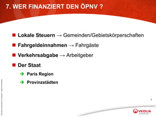 7. WER FINANZIERT DEN ÖPNV ? Lokale Steuern   ->  Gemeinden/Gebietskörperschaften Fahrgeldeinnahmen   -> Fahrgäste Verkehrsabgabe  -> Arbeitgeber Der Staat Paris Region Provinzstädten 