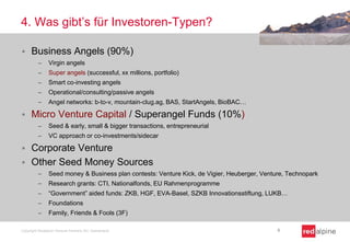 4. Was gibt’s für Investoren-Typen?
 Business Angels (90%)
 Virgin angels
 Super angels (successful, xx millions, portfolio)
 Smart co-investing angels
 Operational/consulting/passive angels
 Angel networks: b-to-v, mountain-clug.ag, BAS, StartAngels, BioBAC…
 Micro Venture Capital / Superangel Funds (10%)
 Seed & early, small & bigger transactions, entrepreneurial
 VC approach or co-investments/sidecar
 Corporate Venture
 Other Seed Money Sources
 Seed money & Business plan contests: Venture Kick, de Vigier, Heuberger, Venture, Technopark
 Research grants: CTI, Nationalfonds, EU Rahmenprogramme
 “Government” aided funds: ZKB, HGF, EVA-Basel, SZKB Innovationsstiftung, LUKB…
 Foundations
 Family, Friends & Fools (3F)
Copyright Redalpine Venture Partners AG, Switzerland 8
 