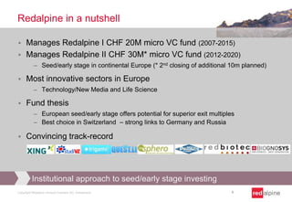Redalpine in a nutshell


Manages Redalpine I CHF 20M micro VC fund (2007-2015)
 Manages Redalpine II CHF 30M* micro VC fund (2012-2020)
Seed/early stage in continental Europe (* 2nd closing of additional 10m planned)



Most innovative sectors in Europe
Technology/New Media and Life Science



Fund thesis
European seed/early stage offers potential for superior exit multiples
Best choice in Switzerland – strong links to Germany and Russia



Convincing track-record

Institutional approach to seed/early stage investing
Copyright Redalpine Venture Partners AG, Switzerland

4

 