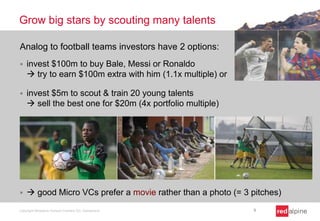 Grow big stars by scouting many talents
Analog to football teams investors have 2 options:


invest $100m to buy Bale, Messi or Ronaldo
 try to earn $100m extra with him (1.1x multiple) or



invest $5m to scout & train 20 young talents
 sell the best one for $20m (4x portfolio multiple)



 good Micro VCs prefer a movie rather than a photo (= 3 pitches)

Copyright Redalpine Venture Partners AG, Switzerland

9

 