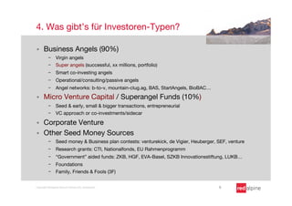 4. Was gibt’s für Investoren-Typen?

§    Business Angels (90%)
          -  Virgin angels
          -  Super angels (successful, xx millions, portfolio)
          -  Smart co-investing angels
          -  Operational/consulting/passive angels
          -  Angel networks: b-to-v, mountain-clug.ag, BAS, StartAngels, BioBAC…

§    Micro Venture Capital / Superangel Funds (10%)
          -  Seed & early, small & bigger transactions, entrepreneurial
          -  VC approach or co-investments/sidecar

§    Corporate Venture
§    Other Seed Money Sources
          -  Seed money & Business plan contests: venturekick, de Vigier, Heuberger, SEF, venture
          -  Research grants: CTI, Nationalfonds, EU Rahmenprogramm
          -  “Government” aided funds: ZKB, HGF, EVA-Basel, SZKB Innovationsstiftung, LUKB… 
          -  Foundations
          -  Family, Friends & Fools (3F)



Copyright Redalpine Venture Partners AG, Switzerland
                                 8
 