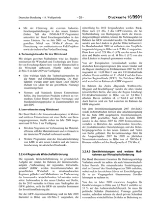 Deutscher Bundestag - 16. Wahlperiode - 25 - Drucksache 16/9901
• Mit der Förderung der externen Industrie-
forschungseinrichtungen in den neuen Ländern
(bisher Teil des INNO-WATT-Programms)
unterstützt der Bund Forschungsvorhaben in den
neuen Ländern. Die im Jahr 2009 zur Verfügung
gestellten Mittel von 58 Mio. € dienen der
Finanzierung von marktorientierten FuE-Projekten
sowie der industriellen Vorlaufforschung.
4. Technologietransfer für den Mittelstand
Mit einigen gezielten Maßnahmen wird das Bundes-
ministerium für Wirtschaft und Technologie den Trans-
fer von Forschungs-Know-how von der Wissenschaft in
die Wirtschaft verbessern. Hierfür stehen rund
24 Mio. € im Jahr 2009 zur Verfügung:
• Eine wichtige Säule des Technologietransfers ist
die Patent- und Erfindungsförderung. Die Maß-
nahmen wurden unter dem neuen Dach SIGNO
(Schutz von Ideen für die gewerbliche Nutzung)
zusammengefasst.
• Normen und Standards können Unternehmen
helfen, ihre innovativen Produkte weltweit zu ver-
markten. Daher fördert der Bund Normungs- und
Standardisierungsprojekte in Zusammenarbeit mit
dem DIN.
5. Innovationsberatung Mittelstand
Der Bund fördert die Innovationskompetenz in kleinen
und mittleren Unternehmen mit einer Reihe von Bera-
tungsprogrammen, hierfür stehen im Jahr 2009 insge-
samt rund 18 Mio. € zur Verfügung:
• Mit dem Programm zur Verbesserung der Material-
effizienz soll der Materialeinsatz und -verbrauch in
der deutschen Wirtschaft verbessert werden.
• Weitere Programme sind die Innovationsberatung
von KMU in den neuen Ländern und die Innova-
tionsberatung des deutschen Handwerks.
3.2.4.4 Regionale Wirtschaftsförderung
Die regionale Wirtschaftsförderung ist grundsätzlich
Aufgabe der Länder. Im Rahmen der Gemeinschafts-
aufgabe „Verbesserung der regionalen Wirtschafts-
struktur“ (GRW) werden Investitionsvorhaben der
gewerblichen Wirtschaft in strukturschwachen
Regionen gefördert und Maßnahmen zur Verbesserung
der kommunalen wirtschaftsnahen Infrastruktur unter-
stützt. Insbesondere in den neuen Ländern und Berlin,
die bis 2013 weiterhin in Gänze zum Fördergebiet der
GRW gehören, stellt die GRW ein zentrales Instrument
der Investitionsförderung dar.
Für die GRW-Investitionsförderung sind im Jahr 2009
Barmittel in Höhe von 624 Mio. € vorgesehen, die
mittelfristig bis 2012 fortgeschrieben werden. Rück-
flüsse nach § 8 Abs. 3 des GRW-Gesetzes, die bei
Nichteinhaltung von Bedingungen durch die Zuwen-
dungsempfänger anfallen, können für Mehrausgaben im
Rahmen der GRW verwendet werden. Die Bundesmittel
werden von den Ländern in gleicher Höhe kofinanziert.
Im Bundeshaushalt 2009 ist außerdem eine Verpflich-
tungsermächtigung in Höhe von 617 Mio. € vorgesehen.
Diese kann zu rd. 529 Mio. € (6/7) von den neuen Län-
dern und Berlin sowie zu rd. 88 Mio. € (1/7) von den
alten Ländern in Anspruch genommen werden.
Von der Europäischen Gemeinschaft werden die
deutschen Konvergenzregionen (die neuen Länder und
die Region Lüneburg) im Förderzeitraum 2007 bis 2013
insgesamt rd. 16,08 Mrd. € aus den EU-Strukturfonds
erhalten. Davon entfallen rd. 11,4 Mrd. € auf den Euro-
päischen Regionalfonds (EFRE). Ein Teil dieser Mittel
wird weiterhin im Rahmen der GRW eingesetzt.
Im Rahmen des Zieles „Regionale Wettbewerbs-
fähigkeit und Beschäftigung“ werden die alten Länder
(einschließlich Berlin, aber ohne die Region Lüneburg)
EU-Strukturfondsmittel in Höhe von rd. 9,4 Mrd. €
erhalten. Davon entfallen rd. 4,7 Mrd. € auf EFRE.
Auch hiervon wird ein Teil weiterhin im Rahmen der
GRW eingesetzt.
Mit dem Investitionszulagengesetz 2007 (InvZulG)
wurde im betrieblichen Bereich eine Anschlussregelung
für das Ende 2006 ausgelaufene Investitionszulagen-
gesetz 2005 geschaffen. Nach dem InvZulG 2007
werden in den Jahren 2007 bis 2009 Erstinvestitions-
vorhaben in Betrieben des verarbeitenden Gewerbes,
der produktionsnahen Dienstleistungen und des Beher-
bergungsgewerbes in den neuen Ländern und Teilen
von Berlin gefördert. Die Investitionszulage führt für
die Anspruchsjahre 2007 bis 2009 zu jährlichen
Steuermindereinnahmen in Höhe von rd. 580 Mio. €.
Hiervon entfallen auf den Bund jeweils rd. 276 Mio. €.
3.2.4.5 Gewährleistungen und weitere Maß-
nahmen zur Wirtschaftsförderung
Der Bund übernimmt Garantien für förderungswürdige
Vorhaben sowohl im außen- als auch binnenwirtschaft-
lichen Bereich. Die entsprechenden Ermächtigungen
sind im Entwurf des Haushaltsgesetzes 2009 enthalten,
wobei auch in den nächsten Jahren mit Entschädigungen
für in der Vergangenheit übernommene Gewähr-
leistungen zu rechnen ist.
Von den im Jahre 2009 erwarteten Ausgaben für
Gewährleistungen in Höhe von 0,9 Mrd. € entfallen rd.
33 % auf den Außenwirtschaftsbereich. So muss für
politische Schäden (Staatsrisiko) Vorsorge getroffen
werden, außerdem nehmen die durch private Schuldner
verursachten wirtschaftlichen Schäden an Bedeutung zu.
 