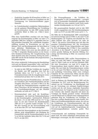 Deutscher Bundestag - 16. Wahlperiode - 7 - Drucksache 16/9901
− Zusätzliche Ausgaben für Klimaschutz in Höhe von
jährlich 600 Mio. € werden aus Einnahmen aus der
Versteigerung von Emissionszertifikaten gegen-
finanziert.
− Im Verkehrshaushalt ermöglichen Mehreinnahmen
aus der geplanten Mauterhöhung eine Verstärkung
der Investitionslinie. Im Jahr 2009 werden hierfür
zusätzliche Mittel in Höhe von 1 Mrd. € bereit-
gestellt.
Ohne diese Sondereffekte errechnet sich eine Steige-
rungsrate der Gesamtausgaben in Höhe von rund 1,3 %
gegenüber 2008 bzw. knapp 0,5 % gegenüber dem bis-
lang geltenden Finanzplan. Die verbleibende Ausgaben-
erhöhung resultiert im Wesentlichen aus der dies-
jährigen Tarif- und Besoldungsrunde, die beim Bund zu
einer jährlichen Mehrbelastung in Höhe von
rund 2 Mrd. € führen wird, sowie aus dem jährlich um
1,5 Mrd. € steigenden Bundeszuschuss an die Gesetz-
liche Krankenversicherung. Der Ausgabenanstieg liegt
damit deutlich unter dem erwarteten Anstieg des nomi-
nalen BIP und der für das laufende Jahr prognostizierten
Preissteigerungsrate.
Die weitere strukturelle Verbesserung der Haushaltslage
wird auch am Beispiel ausgewählter volks- und finanz-
wirtschaftlicher Kennziffern eindrucksvoll deutlich:
− So sinkt im Jahr 2009 das Verhältnis der Ausgaben
des Bundes zum BIP gegenüber dem Soll des
laufenden Jahres von 11,3 % auf 11,2 %. Im
Finanzplanzeitraum sinkt die Ausgabenquote weiter
kontinuierlich auf dann 10,6 % im Jahr 2012.
− Gleichzeitig steigt der Primärüberschuss - der Saldo
aus Einnahmen ohne Nettokreditaufnahme und den
Ausgaben ohne Zinsen - auf rund 31 Mrd. € an. Bis
zum Ende des Finanzplanzeitraums vergrößert sich
dieser Überschuss, der die laufenden und vergange-
nen Verschuldungswirkungen auf den Haushalt
ausblendet, auf mehr als 47,1 Mrd. €.
− Dementsprechend sinkt auch die Kreditfinan-
zierungsquote - der Anteil der Nettokreditaufnahme
an den Gesamtausgaben - kontinuierlich. Während
die Quote z. B. im Jahr 2004 noch bei 15,7 % lag,
kann sie mit dem Entwurf des Bundeshaushalts
2009 auf 3,6 % gesenkt werden (Vorjahr: 4,2 %).
Mit dem Ausstieg aus der Neuverschuldung wird
sie ab dem Jahr 2011 auf Null zurückgeführt.
− Der Anteil der Steuereinnahmen an den Gesamtein-
nahmen steigt spiegelbildlich zum Rückgang der
Einmaleffekte und der Nettokreditaufnahme von 84
% im Soll des laufenden Jahres über 86,2 % bis auf
91,8 % im Jahr 2012.
− Die Zinsausgabenquote - das Verhältnis der
Zinsausgaben zu den Gesamtausgaben - verringert
sich im kommenden Haushaltsjahr gegenüber dem
Soll 2008 trotz eines zunächst weiter leicht zuneh-
menden Schuldenstandes von 14,8 auf 14,4 %.
− Der gesamtstaatliche Haushalt wird im Jahr 2009
wieder ausgeglichen sein. Die Schuldenstandsquote
sinkt von 67,8 % im Jahr 2005 weiter auf 61 ½ %.
Die Höhe der im Bundeshaushalt 2009 veranschlagten
Investitionen beträgt rund 25,9 Mrd. €, das sind 9 % der
Bundesausgaben. Im Vergleich zum Haushalt des Vor-
jahres bedeutet dies einen Zuwachs von mehr als
1 Mrd. €. Die positive Entwicklung setzt sich über den
gesamten Finanzplanzeitraum fort. Die Investitionen
werden auf hohem Niveau fortgeschrieben und liegen
bis 2012 durchgängig über 25 Mrd. €. Eine zusätzliche
„Investition in die Zukunft“ ist auch die vorgesehene
weitere gezielte Stärkung der Bereiche Bildung, For-
schung und Entwicklung in Höhe von zusammen rund
560 Mio. €.
Im Bundeshaushalt 2009 werden Steuereinnahmen in
Höhe von rund 248,7 Mrd. € veranschlagt. Dies sind
rund 10,7 Mrd. € mehr als im Soll des Haushalts 2008.
Mit einer Zuwachsrate von rund 4,5 % steigen die
Steuereinnahmen damit deutlich stärker als die Aus-
gaben. Bis zum Ende des Finanzplanzeitraums werden
sie bis auf rund 276,0 Mrd. € anwachsen. Diese stetige
und nachhaltige Entwicklung bildet einen wichtigen
Eckpfeiler für den schrittweisen Abbau und den daran
anschließenden vollständigen Verzicht auf eine Neu-
verschuldung des Bundes.
Auch im Rahmen des Bundeshaushalts 2009 und des
Finanzplans bis 2012 wird die Bundesregierung Ein-
nahmen aus der Veräußerung von Beteiligungen und
aus der Verwertung von sonstigem Kapitalvermögen
erzielen und die sich hieraus ergebenden finanziellen
Potenziale nutzen. Im Vergleich zu den Vorjahren kann
das Volumen aber deutlich abgesenkt und damit das
Vermögen des Bundes geschont werden. Gleichwohl
wird der Bund auch in Zukunft seinen ordnungspolitisch
gebotenen Weg der Veräußerung von Vermögen, an
dem kein wichtiges Bundesinteresse mehr besteht, fort-
führen und Einnahmemöglichkeiten nutzen, die sich aus
der Veräußerung von Unternehmensanteilen oder der
Neuordnung des ERP-Sondervermögens ergeben. Dabei
wird auf die kapitalmarktgerechte Ausgestaltung der
Privatisierungsmaßnahmen weiterhin großer Wert
gelegt.
Vorausschauende und nachhaltige Finanzpolitik be-
deutet auch, für solche zukünftigen Schwerpunkte oder
Belastungen vorzusorgen, die dem Grunde nach bereits
 
