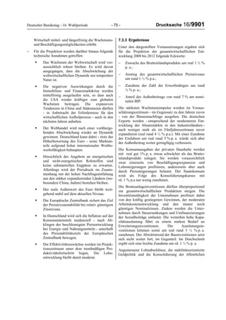 Deutscher Bundestag - 16. Wahlperiode - 75 - Drucksache 16/9901
Wirtschaft mittel- und längerfristig die Wachstums-
und Beschäftigungsmöglichkeiten erhöht.
− Für die Projektion werden darüber hinaus folgende
technische Annahmen getroffen:
Das Wachstum der Weltwirtschaft wird vor-
aussichtlich robust bleiben. Es wird davon
ausgegangen, dass die Abschwächung der
weltwirtschaftlichen Dynamik nur temporärer
Natur ist.
Die negativen Auswirkungen durch die
Immobilien- und Finanzmarktkrise werden
mittelfristig ausgelaufen sein, so dass auch
die USA wieder kräftiger zum globalen
Wachstum beitragen. Die expansiven
Tendenzen in China und Südostasien dürften
- in Anbetracht der Erfordernisse für den
wirtschaftlichen Aufholprozess - auch in den
nächsten Jahren anhalten.
Der Welthandel wird nach einer vorüberge-
henden Abschwächung wieder an Dynamik
gewinnen. Deutschland kann dabei - trotz der
Höherbewertung des Euro - seine Marktan-
teile aufgrund hoher internationaler Wettbe-
werbsfähigkeit behaupten.
Hinsichtlich des Angebots an energetischen
und nicht-energetischen Rohstoffen sind
keine substantiellen Engpässe zu erwarten.
Allerdings wird der Preisdruck im Zusam-
menhang mit der hohen Nachfrageentfaltung
aus den stärker expandierenden Ländern (ins-
besondere China, Indien) bestehen bleiben.
Der reale Außenwert des Euro bleibt weit-
gehend stabil auf dem aktuellen Niveau.
Die Europäische Zentralbank sichert das Ziel
der Preisniveaustabilität bei relativ günstigem
Zinsniveau.
In Deutschland wird sich die Inflation auf der
Konsumentenstufe tendenziell - nach Ab-
klingen der beschleunigten Preisentwicklung
bei Energie und Nahrungsmitteln - unterhalb
des Preisstabilitätsziels der Europäischen
Zentralbank bewegen.
Die Effektivlohnzuwächse werden im Projek-
tionszeitraum unter dem trendmäßigen Pro-
duktivitätsfortschritt liegen. Die Lohn-
entwicklung bleibt damit moderat.
7.3.3 Ergebnisse
Unter den dargestellten Voraussetzungen ergaben sich
für die Projektion der gesamtwirtschaftlichen Ent-
wicklung 2008 bis 2012 folgende Eckwerte:
− Zuwachs des Bruttoinlandsprodukts um real 1 ½ %
p. a.;
− Anstieg des gesamtwirtschaftlichen Preisniveaus
um rund 1 ½ % p.a.;
− Zunahme der Zahl der Erwerbstätigen um rund
¼ % p. a.;
− Anteil des Außenbeitrags von rund 7 % am nomi-
nalen BIP.
Die stärksten Wachstumsimpulse werden im Voraus-
schätzungszeitraum - im Gegensatz zu den Jahren zuvor
- von der Binnennachfrage ausgehen. Die deutschen
Exporte werden - entsprechend der moderateren Ent-
wicklung der Absatzmärkte in den Industrieländern -
auch weniger stark als im Fünfjahreszeitraum zuvor
expandieren (real rund 4 ½ % p.a.). Mit einer Zunahme
der Einfuhren um real rund 5 % p. a. würde sich aber
der Außenbeitrag weiter geringfügig verbessern.
Die Konsumausgaben der privaten Haushalte werden
mit real gut 1% p. a. etwas schwächer als das Brutto-
inlandsprodukt zulegen. Sie werden voraussichtlich
zwar einerseits von Beschäftigungsexpansion und
Lohnsteigerungen profitieren, andererseits aber auch
durch Preissteigerungen belastet. Der Staatskonsum
wird als Folge des Konsolidierungskurses mit
rd. 1 % p.a nur wenig zunehmen.
Die Bruttoanlageinvestitionen dürften überproportional
zur gesamtwirtschaftlichen Produktion steigen. Die
Investitionstätigkeit der Unternehmen profitiert dabei
von den kräftig gestiegenen Gewinnen, der moderaten
Arbeitskostenentwicklung und den immer noch
günstigen Nominalzinsen. Zudem werden die Unter-
nehmen durch Steuersenkungen und Umfinanzierungen
der Sozialbeiträge entlastet. Die weiterhin hohe Kapa-
zitätsauslastung führt zu einem starken Bedarf an
Erweiterungsinvestitionen. Die Ausrüstungsin-
vestitionen könnten somit um real rund 3 ½ % p. a.
zunehmen. Der Abwärtstrend der Bauinvestitionen setzt
sich nicht weiter fort, im Gegenteil: Im Durchschnitt
ergibt sich eine leichte Zunahme um rd. 1 ½ % p. a.
Angemessene Lohnabschlüsse, die stabilitätsorientierte
Geldpolitik und die Konsolidierung der öffentlichen
 