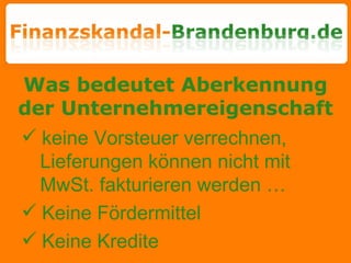 Was bedeutet Aberkennung der Unternehmereigenschaft keine Vorsteuer verrechnen,  Lieferungen können nicht mit  MwSt. fakturieren werden … Keine Fördermittel Keine Kredite 