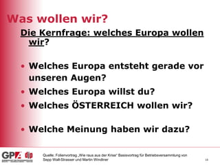 16
Was wollen wir?
Die Kernfrage: welches Europa wollen
wir?
• Welches Europa entsteht gerade vor
unseren Augen?
• Welches Europa willst du?
• Welches ÖSTERREICH wollen wir?
• Welche Meinung haben wir dazu?
Quelle: Folienvortrag „Wie raus aus der Krise“ Basisvortrag für Betriebsversammlung von
Sepp Wall-Strasser und Martin Windtner
 