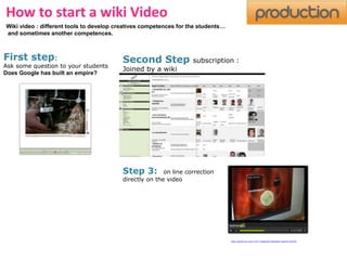 How to start a wiki Video 
Wiki video : different tools to develop creatives competences for the students… 
and sometimes another competences. 
Second Step subscription : 
Joined by a wiki 
First step: 
Ask some question to your students 
Does Google has built an empire? 
Step 3: on line correction 
directly on the video 
http://spiral.univ-lyon1.fr/27-magneto/videoplayer.asp?id=342363 
 