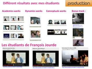Différent résultats avec mes étudiants 
Academics works Dynamics works Conceptuals works Bonus track : 
http://spiral.univ-lyon1.fr/27- 
magneto/videoplayer.asp?file=http://spiral. 
univ-lyon1. 
fr/files_m/M7174/Files/628183_13.flv 
Les étudiants de François Jourde 
http://www.youtube.com/watch?v=2J8AqFl9RgM http://www.youtube.com/http://www.youtube.com/watch?v=dcdDErlBcTs watch?v=kyMJnxyvWKI 
 