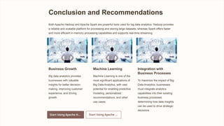 Conclusion and Recommendations
Both Apache Hadoop and Apache Spark are powerful tools used for big data analytics. Hadoop provides
a reliable and scalable platform for processing and storing large datasets, whereas Spark offers faster
and more efficient in-memory processing capabilities and supports real-time streaming.
Business Growth
Big data analytics provides
businesses with valuable
insights for better decision-
making, improving customer
experience, and driving
growth.
Machine Learning
Machine Learning is one of the
most significant applications of
Big Data Analytics, with vast
potential for enabling predictive
modeling, personalized
recommendations, and other
use cases.
Integration with
Business Processes
To maximize the impact of Big
Data Analytics, businesses
must integrate analytics
capabilities into their existing
business processes,
determining how data insights
can be used to drive strategic
decisions.
 