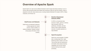 Overview of Apache Spark
Apache Spark is an open-source software framework used for large-scale data processing. It is an in-
memory data processing engine that enables fast processing of data and real-time analytics. Spark is
designed to work with various data sources, including Hadoop Distributed File System (HDFS), HBase,
Cassandra, and Amazon S3.
1 Resilient Distributed
Datasets (RDD)
An RDD is a fundamental data
structure in Spark, used for in-memory
data processing. RDDs are
partitioned, immutable, and fault-
tolerant. RDDs enable distributed
execution of parallel operations on
large datasets.
2
DataFrames and Datasets
DataFrames are distributed collections
of data organized into named
columns, similar to tables in a
relational database. Datasets maintain
strong typing information of their
contents.
3 Spark Ecosystem
Spark has a vast ecosystem of related
tools, including Spark SQL, Spark
Streaming, MLlib, GraphX, and more.
They provide high-level abstractions
and enable various data processing
capabilities such as SQL queries,
machine learning training, graph
processing.
 