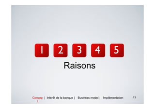 Raisons


Concep | Intérêt de la banque | Business model | Implémentation   13
   t
 