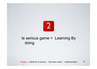 le serious game = Learning By
   doing



Concep | Intérêt de la banque | Business model | Implémentation   15
   t
 