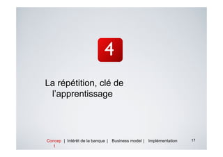 La répétition, clé de
 l’apprentissage




Concep | Intérêt de la banque | Business model | Implémentation   17
   t
 