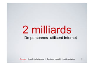 2 milliards
     De personnes utilisent Internet




Concep | Intérêt de la banque | Business model | Implémentation   19
   t
 