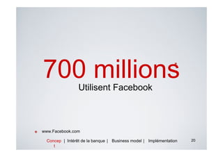*

    700 millions     Utilisent Facebook



*
    www.Facebook.com

      Concep | Intérêt de la banque | Business model | Implémentation   20
         t
 