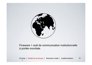 Finaware = outil de communication institutionnelle
à portée mondiale


Concep | Intérêt de la banque | Business model | Implémentation   24
   t
 