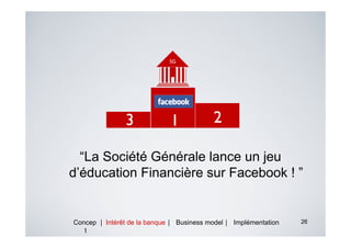 “La Société Générale lance un jeu
d’éducation Financière sur Facebook ! ”


Concep | Intérêt de la banque | Business model | Implémentation   26
   t
 