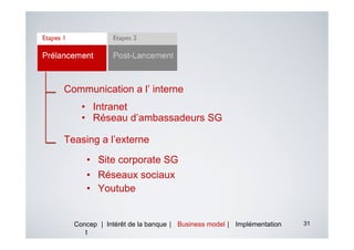 Communication a l’ interne
    • Intranet
    • Réseau d’ambassadeurs SG

Teasing a l’externe

     • Site corporate SG
     • Réseaux sociaux
     • Youtube


  Concep | Intérêt de la banque | Business model | Implémentation   31
     t
 