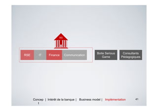 SG




                                                 Boite Serious    Consultants
RSE      IT     Finance     Communication
                                                     Game        Pédagogiques




      Concep | Intérêt de la banque | Business model | Implémentation    41
         t
 