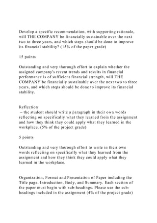 Develop a specific recommendation, with supporting rationale,
will THE COMPANY be financially sustainable over the next
two to three years, and which steps should be done to improve
its financial stability? (15% of the paper grade)
15 points
Outstanding and very thorough effort to explain whether the
assigned company's recent trends and results in financial
performance is of sufficient financial strength, will THE
COMPANY be financially sustainable over the next two to three
years, and which steps should be done to improve its financial
stability.
Reflection
– the student should write a paragraph in their own words
reflecting on specifically what they learned from the assignment
and how they think they could apply what they learned in the
workplace. (5% of the project grade)
5 points
Outstanding and very thorough effort to write in their own
words reflecting on specifically what they learned from the
assignment and how they think they could apply what they
learned in the workplace.
Organization, Format and Presentation of Paper including the
Title page, Introduction, Body, and Summary. Each section of
the paper must begin with sub-headings. Please use the sub-
headings included in the assignment (4% of the project grade)
 