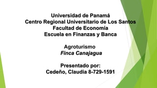 Universidad de Panamá 
Centro Regional Universitario de Los Santos 
Facultad de Economía 
Escuela en Finanzas y Banca 
Agroturismo 
Finca Canajagua 
Presentado por: 
Cedeño, Claudia 8-729-1591 
 