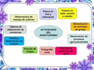ACTIVIDADES
DEL
AGROTURISMO
Pesca en
ríos y
estanques
Paseos en
bote ,carreta
o caballo
Alimentación
de animales
de granja
Observación de
procesos
agroindustriales
Disfrute de
gastronomía
típica
Fotografía
rural
Esquila de
ovejas
Ordeñe y
elaboración de
quesos
Talleres de
elaboración de
conservas
Observación de
manejo de cultivos
 