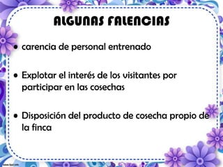 ALGUNAS FALENCIAS
• carencia de personal entrenado
• Explotar el interés de los visitantes por
participar en las cosechas
• Disposición del producto de cosecha propio de
la finca
 