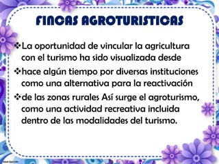 FINCAS AGROTURISTICAS
La oportunidad de vincular la agricultura
con el turismo ha sido visualizada desde
hace algún tiempo por diversas instituciones
como una alternativa para la reactivación
de las zonas rurales Así surge el agroturismo,
como una actividad recreativa incluida
dentro de las modalidades del turismo.
 