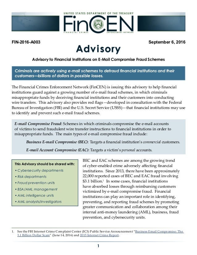 Advisory to Financial Institutions on E-Mail Compromise Fraud Schemes