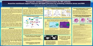 245441

                                                  Therapeutic nutritional supplementation for HIV patients:
                           Assertive nutritional support improves HIV/AIDS outcomes by mediating oxidative stress and ROS
                                                                                                                                                   Manley R. Finch, PhD(c), MPH1, Gary Samuelson, PhD2.
                                                                                                                                                  1HIV        Nutrition Network, NPO; 2 Nutraceutical Innovation Alliance

                                   Abstract                                                                      Background Continued                                                                        Critical Pathways for ROS Elimination and Antioxidant
                                                                                                                                                                                                                                                                                                                                                                       Antioxidant Supplementation is Critical for
Micronutrient supplements have been proposed as low-cost immuno-modulating                                                                                                                                               Protection of Cellular Structure
interventions that may improve the quality of life of HIV/ AIDS patients, improve
                                                                                       Pro-inflammatory and oxidative stress related CVD is now one of the leading                                                                                                                                                                                                            Positive HIV/AIDS Outcomes
                                                                                       causes of HIV/AIDS related deaths in those virally suppressed on HAART7.
immune function, and reduce the effects of HIV/AIDS and HARRT related                                                                                                                                                                                                                                                                                          • Selenium supplementation has been shown to increase CD4 counts and
                                                                                       Recent    literature  suggests     that   micronutrient  and    antioxidant                                                                                                                                                                                               restore glutathione levels in HIV/AIDS patients32.
oxidative stress. Recent literature suggests that those living with HIV/AIDS are at    supplementation in HIV/AIDS patients may reverse these effects, increase
risk of micronutrient and antioxidant deficiencies, higher concentrations of                                                                                                                                                                                                                                                                                   • Selenium has been implicated in HIV viral seleno-protein pathways36.
                                                                                       CD4 T-cell counts, and increase other markers of immune function10,11,13.                                                                                                                                                                                               • Zinc has been shown to improve HIV/AIDS outcomes10,11,13.
circulating and cellular reactive oxidative species (ROS), and therefore at risk of
                                                                                       Supplementation is low cost, poses no additional side effect risk, may                                                                                                                                                                                                  • General vitamin & antioxidant supplementation improves HIV/AIDS
complications mediated by oxidative stress.
                                                                                       ameliorate the oxidative stress created by HAART and HIV, and bestow                                                                                                                                                                                                      outcomes, increase CD4 counts, lower comorbidity 33, 34,35.
There may be a relationship between suboptimal micronutrient status and                increased immune function11,13.
multivitamin use and quality of life in HIV patients. This has been noted in both                                                                                                                                                                                                                                                                                     IT IS IMPERATIVE THAT ASSERTIVE ANTIOXIDANT AND
prospective controlled studies and observational studies. Multivitamin and micro                                                                                                                                                                                                                                                                                      MULTIVITAMIN THERAPY IS INITIATED AND SUSTAINED
nutrient supplementation may significantly reduce oxidative stress and the                               OXIDATIVE STRESS PATHWAY                                                                                                                                                                                                                                             IN U.S. AND GLOBAL HIV/AIDS PROGRAMS
concomitant secondary and tertiary co-morbidities associated with HIV disease.                                                                                                                   Protective enzyme synthesis enables    Reduction-oxidation (Redox)       Dangerous excess of free radicals can be
Benefits may include significant reductions in reported fatigue, rash, diarrhea,                                                                                                                     protein reduction-oxidation     equilibrium optimizes cell efficiency neutralized by Reduced Antioxidants
weight loss, upper respiratory tract infections, and morbidity. Additional benefits
may include increased CD4 counts, glutathione levels, mitochondrial function,
and other markers of immune function. Micronutrients may protect the integrity                                                                                                                                Immuno-Supportive Supplements Help Balance Critical
of oral and gastrointestinal epithelia and enhance local and systemic immunity.
These nutrients may enhance immune function, as measured by the levels of                                                                                                                                     Pathways That Regulate Cellular Protection and Repair
CD4-T cells, glutathione, and anti-inflammatory cytokines.
                                                                                                                                                                                                            ROS
                                                                                                                                                                                                                                                                    Anti-oxidant                                             Damaged
The economic burden of HIV/AIDS infection is considerable, especially in                                                                                                                                                                         Healthy Cell       Shield                                                     Cell
underdeveloped nations and socioeconomically challenged populations.                                                                                                                                        Reduced
                                                                                                                                                                                                            Species
Malnutrition and micronutrient deficiencies mediate the progression of HIV/AIDS                                                                                                                                                                                                    Nucleus                                                           Nucleus


and contribute to increased co-morbidities. Vitamin supplementation, including                                                                                                                                                                                                      DNA                                                               DNA
                                                                                                                                                                                                                                                                                                                                                                                                                                  References
                                                                                                                                                                                                                                                                                                                                                               1.    Joint United Nations Programme on HIV/AIDS (2011). Global report: UNAIDS report on the global AIDS epidemic 2010. World Health Organization (WHO). Geneva,
micronutrient and antioxidants, may offer a cost effective adjuvant therapy to                                                                                                                             Anti-                                                                                                                                               2.
                                                                                                                                                                                                                                                                                                                                                                     Switzerland. WHO Library Cataloguing-in-Publication Data. UNAIDS/10.11E | JC1958E. [Retrieved October, 2011, www.unaids.org]
                                                                                                                                                                                                                                                                                                                                                                     World Hunger.org (2011). World Hunger and Poverty Facts and Statistics. [Retrieved October, 2011 from www.worldhunger.org]
mediate the progression and severity of HIV/AIDS, and thus lower the economic                                                                                                                              Oxidants                                          Redox                                                                                             3.    The Foundation for AIDS Research (amfAR). (October, 2011). The Budget Control Act of 2011 and Global Health: Projecting the Human Impact of the Debt Deal.
                                                                                                                                                                                                                                                                                                                                                                     amfAR, Washington, D.C. [Retrieved October 2011 from www.amfar.org]
                                                                                                                                                                                                                                                            Messengers
burden to society.                                                                                                                                                                                                          Mitochondria
                                                                                                                                                                                                                                mtDNA
                                                                                                                                                                                                                                           Saline Media                                                  Mitochondria
                                                                                                                                                                                                                                                                                                              mtDNA           Oxidative Stress
                                                                                                                                                                                                                                                                                                                                                               4.    Gao RY, Mukhopadhyay P, Mohanraj R, et al. (2011) Resveratrol attenuates azidothymidine-induced cardiotoxicity by decreasing mitochondrial reactive oxygen
                                                                                                                                                                                                                                                                                                                                                                     species generation in human cardiomyocytes. Mol Med Report. 4(1):151-5. Epub 2010 Oct 27.
                                                                                                                                                                                                                                                                                                                                                               5.    Butler TR, Smith KJ, Self RL, Braden BB, and Prendergast MA (2011) Neurodegenerative Effects of Recombinant HIV-1 Tat(1-86) are Associated with Inhibition of
                                                                                                                                                                                                                                                                                                                                                                     Microtubule Formation and Oxidative Stress-Related Reductions in Microtubule-Associated Protein-2(a,b). Neurochem Res. 36(5): 819–828.
                                                                                                                                                                                                                                                                                                                                                               6.    Kelesidis, T, Yang, OO, Currier, JS, et al. (2011). HIV-1 infected patients with suppressed plasma viremia on treatment have pro-inflammatory HDL. Lipids Health Dis.

                                Background                                                                                                                                                                               Homeostatic redox balance is maintained in healthy
                                                                                                                                                                                                                         cells between production of ROS by mitochondria and
                                                                                                                                                                                                                                                                                                     A Redox imbalance results in oxidative stress (excess     7.
                                                                                                                                                                                                                                                                                                                                                               8.
                                                                                                                                                                                                                                                                                                                                                                     Feb.v23;10:35.
                                                                                                                                                                                                                                                                                                                                                                     Currier JS. (2009) Update on cardiovascular complications in HIV infection. Top HIV Med. 17:98–103
                                                                                                                                                                                                                                                                                                                                                                     Singer EJ, Valdes-Sueiras M, Commins D, et al. (2010) Neurologic presentations of AIDS. Neurol Clin. 28:253–275.
                                                                                       • Cellular oxidative stress occurs via several paths; i) increased ROS production, ii) low antioxidant                                                                                                        ROS) which activates inflammation and repair              9.    Fuchs J, Ochsendorf F, Schofer H (1991) Oxidative imbalance in HIV infected patients. Med Hypotheses 36: 60–64.
                                                                                                                                                                                                                         elimination of ROS by antioxidants
As reported in the 2010 UNAIDS report, over 33 million people are suffering with         levels or impaired antioxidant protection, or iii) reduced or no ability to repair oxidative damage.                                                                                                        mechanisms and pathways (as well as viral expression)     10.   Semba RD, and Tang AM (1999) Review article: Micronutrients and the pathogenesis of human immunodeficiency virus infection. British Journal of Nutrition 81: 181-
                                                                                                                                                                                                                                                                                                                                                                     189

HIV/AIDS. Of these almost 97% are living in under developed nations, most                Cellular damage is caused by elevated ROS14.                             Sigma-Aldrich                    Immuno-supportive supplements augment redox signaling balance, the efficiency of cellular repairs, elimination of ROS and                                   11.   Irlam JH, Visser MME, Rollins NN, Siegfried N. (2011). Micronutrient supplementation in children and adults with HIV infection (Review). The Cochrane Collaboration.
                                                                                                                                                                                                                                                                                                                                                                     Published by John Wiley & Sons, Ltd.
                                                                                       • HIV/AIDS patients have been shown to have numerous elevated markers of ROS and decreased
                                                                                                                                                                                                   healing, such agents generally help augment the communication process between cells that regulates the detection and
                                                                                                                                                                                                                                                                                                                                                               12.   Mandas A, Iorio EL, Congiu MG, et al. (2009) Oxidative imbalance in HIV-1 infected patients treated with antiretroviral therapy. J Biomed Biotechnol. Epub Oct 26,
specifically Sub-Saharan African nations representing two-thirds of the global           antioxidant and glutathione levels compared to healthy controls15,16. HAART has been demonstrated to                                                                                                                                                                  13.
                                                                                                                                                                                                                                                                                                                                                                     2009. [Retrieved October, 2011 from www.ncbi.nlm.nih.gov/pmc]
                                                                                                                                                                                                                                                                                                                                                                     Singhal, N, Austin, J. (2002). A clinical review of micronutrients in HIV infection. Journal of the International Association of Physicians in AIDS Care - Vol. 1, No. 2,
HIV/AIDS population. These nations are socioeconomically deprived with poor              increase markers of ROS compared to HIV/AIDS without HAART17,18.                                          repair of damaged cells and tissue25,26,27,28,29. Oxidative stress caused from damaged cells and tissues from injury and                                    14.
                                                                                                                                                                                                                                                                                                                                                                     April/June 2002
                                                                                                                                                                                                                                                                                                                                                                     Fiers, W., et al., (1999) More than one way to die: apoptosis, necrosis and reactive oxygen damage. Oncogene., 18, 7719-7730 .
                                                                                       • Damage occurs in many cellular structures such as neuronal microtubules contributing to HIV cognitive     secondary infections is linked to increased expression of the HIV-1 virus aggravation of the disease18. Supplements that                                    15.   Pasupathi P, Ramachandran T, Sindhu PJ, Saravanan G, and Bakthavathsalam G. (2009) Enhanced Oxidative Stress Markers and Antioxidant Imbalance in HIV
and underserved populations suffering from high rates of malnutrition, infectious        impairment and dementia, cardiomyocytes resulting in HIV related CVD, endothelial cells creating
                                                                                                                                                                                                                                                                                                                                                                     Infection and AIDS Patients. Journal of Scientific Research 1(2):370-380

                                                                                                                                                                                                   enhance the level of redox signaling molecules help speed elimination of oxidative stress (ROS) and can increase the
                                                                                                                                                                                                                                                                                                                                                               16.   Wanchu A, Rana SV, Pallikkuth S, and Sachdeva RK. (2009) Short communication: oxidative stress in HIV-infected individuals: a cross-sectional study. AIDS Research
disease, and subsequently high infant mortality rates1. Within these nations over        vascular related diseases; and changes in HDL resulting in athereogenicity and mitochondrial damage                                                                                                                                                                   17.
                                                                                                                                                                                                                                                                                                                                                                     and Human Retroviruses. 25(12): 1307-1311.
                                                                                                                                                                                                                                                                                                                                                                     Mandas A, Iorio EL, Congiu MG, et al. (2009) Oxidative imbalance in HIV-1 infected patients treated with antiretroviral therapy. J Biomed Biotechnol. Epub Oct 26,

170 million malnourished and stunted children reside, further increasing the             are only just a few examples 19,20,21,22 .                                                                efficiency of genetic repair action24,25. Better detection of stressed cells leads to faster repair and quicker immune response.                            18.
                                                                                                                                                                                                                                                                                                                                                                     2009. [Retrieved October, 2011 from www.ncbi.nlm.nih.gov/pmc]
                                                                                                                                                                                                                                                                                                                                                                     Gil L, Tarinas A, Hernández D, Riverón BV, et al. (2010) Altered oxidative stress indexes related to disease progression marker in human immunodeficiency virus
                                                                                       • Oxidative stress and increased ROS dramatically increase the impact and progression of AIDS               This efficiency helps augment the action of native antioxidants that are produced inside the cells for this purpose29,30.                                         infected patients with antiretroviral therapy. Biomed Pharmacother. ePub 25 September 2010, ISSN 0753-3322.
fiscal and socioeconomic burden on these nations2. Despite improvements in                                                                                                                                                                                                                                                                                     19.   Gao RY, Mukhopadhyay P, Mohanraj R, et al (2010). Resveratrol attenuates azidothymidine-induced cardiotoxicity by decreasing mitochondrial reactive oxygen
                                                                                                                                                                                                                                                                                                                                                                     species generation in human cardiomyocytes. Mol Med Report. 2011 Jan-Feb;4(1):151-5.
providing HIV therapies to the underserved areas, UNAIDS reports that of the 15                                                                                                                                                                                                                                                                                20.   Butler TR, Smith KJ, Self RL, Braden BB, and Prendergast MA. (2011). Neurodegenerative effects of recombinant HIV-1 Tat(1-86) are associated with inhibition of


million living with HIV/AIDS in the underdeveloped nations only 5 million, or less             Antioxidant, Mineral, and Redox Enzyme                                                                                                                                                                                                                          21.
                                                                                                                                                                                                                                                                                                                                                                     microtubule formation and oxidative stress-related reductions in microtubule-associated protein-2(a,b). Neurochem Res. 36(5):819-28
                                                                                                                                                                                                                                                                                                                                                                     Manda KR, Banerjee A, Banks WA, Ercal N. (2011) Highly active antiretroviral therapy drug combination induces oxidative stress and mitochondrial dysfunction in
                                                                                                                                                                                                                                                                                                                                                                     immortalized human blood-brain barrier endothelial cells. Free Radic Biol Med. 1;50(7):801-10.

than a third, are receiving care; far short of the goal of 100% coverage1. There                 Levels Are Suboptimal in HIV/AIDS                                                                                                                                                               Silver Nanoparticles (5-12 nm)                                22.

                                                                                                                                                                                                                                                                                                                                                               23.
                                                                                                                                                                                                                                                                                                                                                                     Kelesidis T, Yang OO, Currier JS, et al (2011). HIV-1 infected patients with suppressed plasma viremia on treatment have pro-inflammatory HDL. Lipids Health Dis.
                                                                                                                                                                                                                                                                                                                                                                     23;10:35
                                                                                                                                                                                                                                                                                                                                                                     Hayes, J.D., et al., (1999) Glutathione and glutathione-dependent enzymes represent a co-ordinately regulated defense against oxidative stress. Free Radic. Res., 31,
are many reasons for the lack of complete coverage but the greatest reason is                                                                                                                                                                                                                     Can Adhere to HIV-1 GP-120                                   24.
                                                                                                                                                                                                                                                                                                                                                                     273-300
                                                                                                                                                                                                                                                                                                                                                                     Roy J. Soberman, “The expanding network of redox signaling: new observations, complexities, and perspectives”, J. Clin. Invest. v111, p571-574 (2003)

                                                                                       • Vitamin C, A, D, E, B12, B6, and Folic Acid are suboptimal10,11.
                                                                                                                                                                                                                                                                                                                                                               25.   L.S. Terada, "Specificity in reactive oxidant signaling: think globally, act locally (mini review)", J. of Cell Biology, v174(5), p615-23 (Aug 2006)
lack of adequate funding and cost of care. The US initiative to balance the                                                                                                                                                                                                                                                                                    26.   Daniel Frein, et al., “Redox regulation: A new challenge for pharmacology”, Biochemical Pharmacology, v70, p811-823 (2004)

budget will eliminate 5 billion in overseas aid resulting in a dramatic reduction in   • Zinc, Magnesium, Selenium, Copper and Iron are suboptimal.
                                                                                                                                                                                                                                                                                                 Attachment Points and Inhibit                                 27.
                                                                                                                                                                                                                                                                                                                                                               28.
                                                                                                                                                                                                                                                                                                                                                                     Chandan K. Sen, “The general case for redox control of wound repair”, Wound Rep Reg, v11 p431-438 (2003)
                                                                                                                                                                                                                                                                                                                                                                     S. Roy, et al., "Dermal wound healing is subject to redox control", Mol Ther., v13(1), p211-220 (Jan 2006)
                                                                                                                                                                                                                                                                                                                                                               29.   A. Yu. Andreyev, et al., “Mitochondrial Metabolism of Reactive Oxygen Species”, Biochemistry (Moscow), v20(2), p 246-64 (2005)

the number of HIV/AIDS patients receiving care3. It is clear that cost effective       • Glutathione Perioxidase, Superoxide Dismutase, and Catalase are                                                                                                                                                Viral Replication31                                    30.
                                                                                                                                                                                                                                                                                                                                                                     [http://www.protein.bio.msu.ru/biokhimiya/contents/v70/pdf/bcm_0200.pdf]
                                                                                                                                                                                                                                                                                                                                                                     V. Calabrese, et al., "Redox Regulation of Cellular Stress Response in Aging and Neurodegenerative Disorders: Role of Vitagens", Neurochemical Research, v32(4-5),
                                                                                                                                                                                                                                                                                                                                                                     p757-773 (Dec 2006)
adjuvant treatment modalities are needed to underpin and support current                 decreased in HIV/AIDS18,23.                                                                                                                                                                                                                                           31.
                                                                                                                                                                                                                                                                                                                                                               32.
                                                                                                                                                                                                                                                                                                                                                                     Jose Elechiguerra, et al. “Interaction of Silver Nanoparticles with HIV-1”, Journal of Nanobiotechnology, v3(6) (Jun 2005).
                                                                                                                                                                                                                                                                                                                                                                     Hurwitz BE, Klaus JR, Llabre MM, et al. (2007) Suppression of Human Immunodeficiency Virus Type 1 Viral Load With Selenium Supplementation A Randomized
healthcare          initiatives. Low    cost    and     effective   micronutrient                                                                                                                                                                                                            Nutritional Supplements can also be thought to include            33.
                                                                                                                                                                                                                                                                                                                                                                     Controlled Trial. Arch Intern Med.167:148-154
                                                                                                                                                                                                                                                                                                                                                                     Fawzi W, Msamanga G, Spiegelman D, Hunter DJ. (2005) Studies of Vitamins and Minerals and HIV Transmission and Disease Progression. J. Nutr. 135: 938–944.

supplementation is one answer.                                                                                                                                                                          A TEM image of HIV-1 that has been                                                                                                                     34.   Fawzi W, Mamanga GI, Kupka R, et al. (2007) Multivitamin supplementation improves hematologic status in HIV-infected women and their children in Tanzania. Am J
                                                                                                                                                                                                                                                                                             certain metal nanoparticles or nanoencapsulated                         Clin Nutr 85:1335–43.

HIV/AIDS and HAART has been linked to increased oxidative stress, increased                         All of these are necessary to combat the effects                                                    exposed to silver nanoparticles (a)                                                                                                                    35.   Fawzi W, Msamanga GI, Speigleman D, et al. (2004) A Randomized Trial of Multivitamin Supplements and HIV Disease Progression and Mortality N Engl J Med
                                                                                                                                                                                                                                                                                             micronutrients that may have direct interactions with             36.
                                                                                                                                                                                                                                                                                                                                                                     351:23-32.
                                                                                                                                                                                                                                                                                                                                                                     Taylor EW, Ramanathan CS, Jalluri RK, Nadimpalli RG. (1999) A basis for new approaches to the chemotherapy of AIDS: novel genes in HIV-1 potentially encode
concentrations of cellular and mitochondrial ROS, and related secondary co-                                                                                                                             shows attachment of nanoparticles to                                                                                                                         selenoproteins expressed by ribosomal frameshifting and termination suppression. J Med Chem. 19;37(17):2637-54.
                                                                                                     of ROS and Oxidative Stress related HIV/AIDS                                                                                                                                            various agents. The toxicity is expected to be minimal,
morbidities such as cardiotoxicity, CVD, dyslipidemia, neurodegenerative                                                                                                                                GP120 attachment points (b) shown
                                                                                                                progression,12,13,15,16,17,18,24.                                                                                                                                            in the case of silver particles, they have been used for
                                                                                                                                                                                                        without nanoparticle exposure
disorders, dementia, endothelial dysfunction and elevated inflammatory                                                                                                                                                                                                                       over 50 years with no critical toxicity.
states4,5,6,7,8,9,10,12.
 