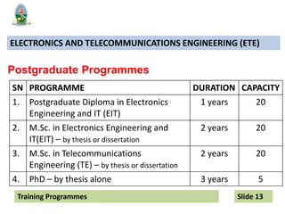 Training Programmes Slide 13
ELECTRONICS AND TELECOMMUNICATIONS ENGINEERING (ETE)
Postgraduate Programmes
SN PROGRAMME DURATION CAPACITY
1. Postgraduate Diploma in Electronics
Engineering and IT (EIT)
1 years 20
2. M.Sc. in Electronics Engineering and
IT(EIT) – by thesis or dissertation
2 years 20
3. M.Sc. in Telecommunications
Engineering (TE) – by thesis or dissertation
2 years 20
4. PhD – by thesis alone 3 years 5
 