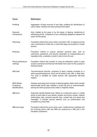 Online and mobile payments: Supervisory challenges to mitigate security risks
82
Term Definition
Profiling Aggregation of large amounts of user data, enabling the identification of
users’ habits, interests and other personal information.
Payment
transactions
Acts, initiated by the payer or by the payee, of placing, transferring or
withdrawing funds, irrespective of any underlying obligations between the
payer and the payee.
Pharming Fraudulent method that occurs when a provider’s URL is hijacked and the
user is redirected to a fake site, or when fake apps are provided on mobile
devices.
Phishing Fraudulent method to acquire sensitive personal data, such as
usernames, passwords, and security credentials, by masquerading as a
reputable entity, a website or email in order to lure the user.
Phone phishing (or
vishing)
Fraudulent method that consists of using the telephone system to gain
access to personal and financial information from users for the purpose of
financial reward.
QR-Code Two-dimensional barcode, consisting of black modules arranged on a
white squared background, which can be linked to text, URL or other data.
The code is readable by mobile devices with appropriate QR-code
readers.
RIFD (Radio
Frequency
Identification)
Wireless technology that consists of electromagnetic fields which transfer
electronically stored data, between a small chip and an antenna/reader,
serving the same purpose as bar codes or magnetic stripes.
SIM Card Subscriber Identity Module Card. Refers to a small card used in a mobile
phone to store data of user identity, location and phone number, network
authorisation data, personal security keys, contact lists and stored text
messages. It includes security features such as authentication and
encryption to protect data.
SIM card swap Fraudulent method that occurs when users’ mobile phone is attacked and
the incoming phone calls and SMS are received by a SIM card in the
fraudster’s possession.
 