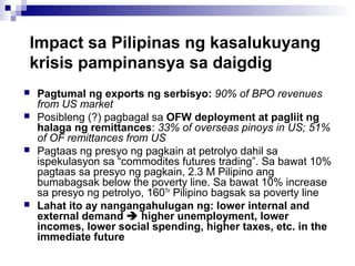 Impact sa Pilipinas ng kasalukuyang
krisis pampinansya sa daigdig
 Pagtumal ng exports ng serbisyo: 90% of BPO revenues
from US market
 Posibleng (?) pagbagal sa OFW deployment at pagliit ng
halaga ng remittances: 33% of overseas pinoys in US; 51%
of OF remittances from US
 Pagtaas ng presyo ng pagkain at petrolyo dahil sa
ispekulasyon sa “commodites futures trading”. Sa bawat 10%
pagtaas sa presyo ng pagkain, 2.3 M Pilipino ang
bumabagsak below the poverty line. Sa bawat 10% increase
sa presyo ng petrolyo, 160TH
Pilipino bagsak sa poverty line
 Lahat ito ay nangangahulugan ng: lower internal and
external demand  higher unemployment, lower
incomes, lower social spending, higher taxes, etc. in the
immediate future
 