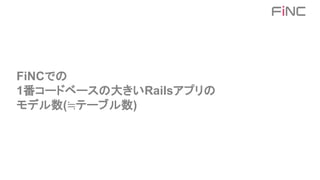 FiNCでの
1番コードベースの大きいRailsアプリの
モデル数(≒テーブル数)
 