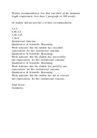 Written recommendation less than one-third of the minimum
length requirement (less than 1 paragraph or 100 words).
Or student did not provide a written recommendation.
5-4.5
4.49-3.5
3.49-3.25
3.24-0
Institutional Outcome
Quantitative & Scientific Reasoning:
Work indicates that the student has exceeded
expectations for this institutional outcome.  
Quantitative & Scientific Reasoning:
Work indicates that the student has successfully
met expectations for this institutional outcome.  
Quantitative & Scientific Reasoning:
Work indicates that the student has partially met
expectations for this institutional outcome.  
Quantitative & Scientific Reasoning:
Work indicates that the student has not or scarcely
met expectations for this institutional outcome.  
Final Score:
Comments:
 