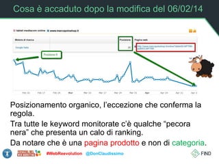 Cosa è accaduto dopo la modifica del 06/02/14
Posizionamento organico, l’eccezione che conferma la
regola.
Tra tutte le keyword monitorate c’è qualche “pecora
nera” che presenta un calo di ranking.
Da notare che è una pagina prodotto e non di categoria.
#WebReevolution @DonClaudissimo
 