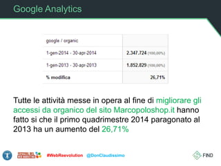 Google Analytics
Tutte le attività messe in opera al fine di migliorare gli
accessi da organico del sito Marcopoloshop.it hanno
fatto si che il primo quadrimestre 2014 paragonato al
2013 ha un aumento del 26,71%
#WebReevolution @DonClaudissimo
 