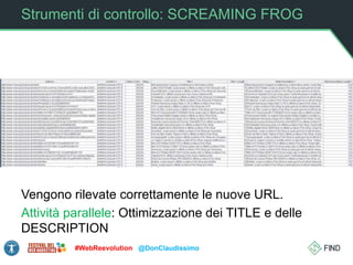 Strumenti di controllo: SCREAMING FROG
Vengono rilevate correttamente le nuove URL.
Attività parallele: Ottimizzazione dei TITLE e delle
DESCRIPTION
#WebReevolution @DonClaudissimo
 